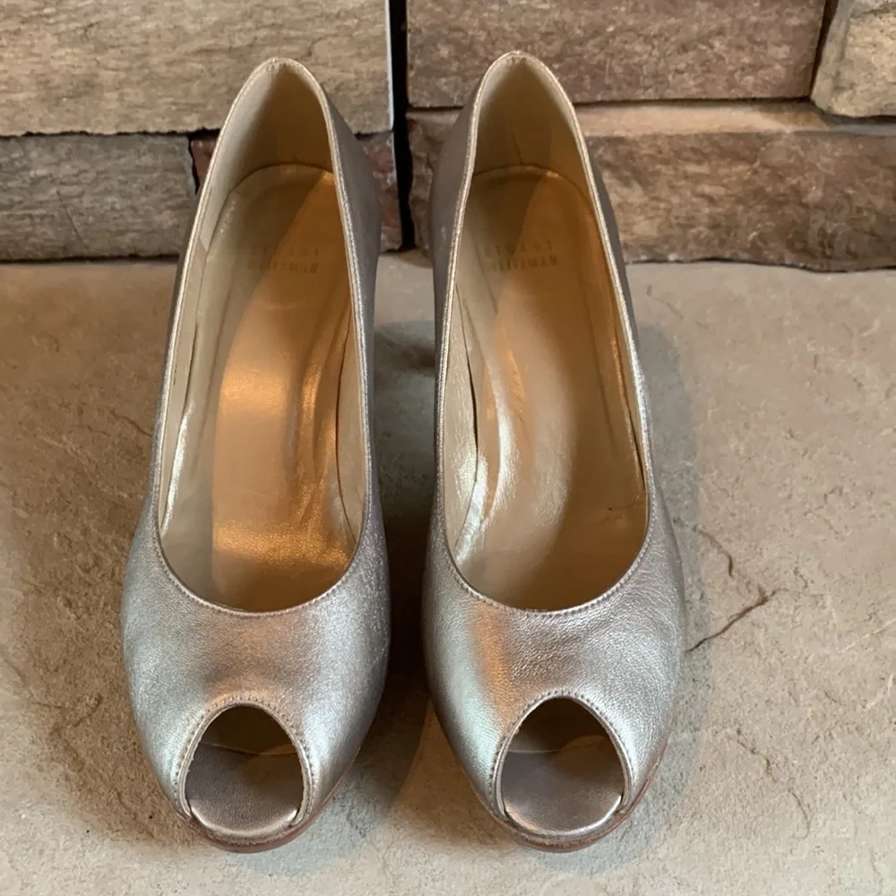Stuart Weitzman Metallic Golden Silver Peep-Toe Heels